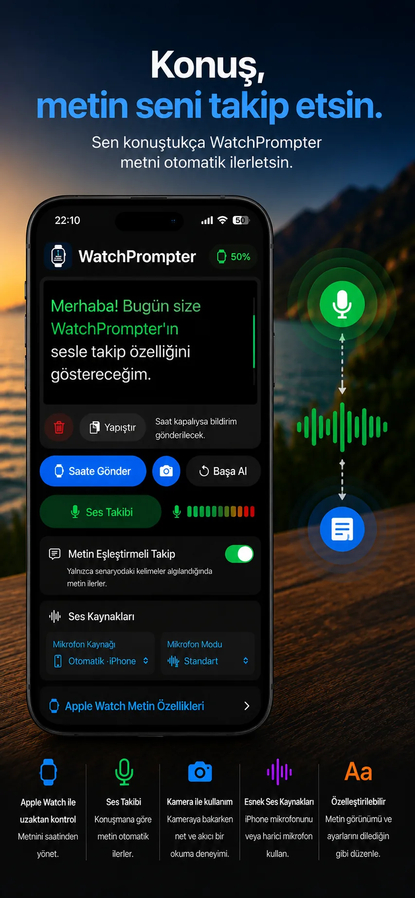 WatchPrompter iPhone and Apple Watch screens in Turkish